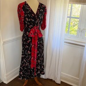 Tanya Taylor Black & Red Floral Wrap Dress with Tie Waist